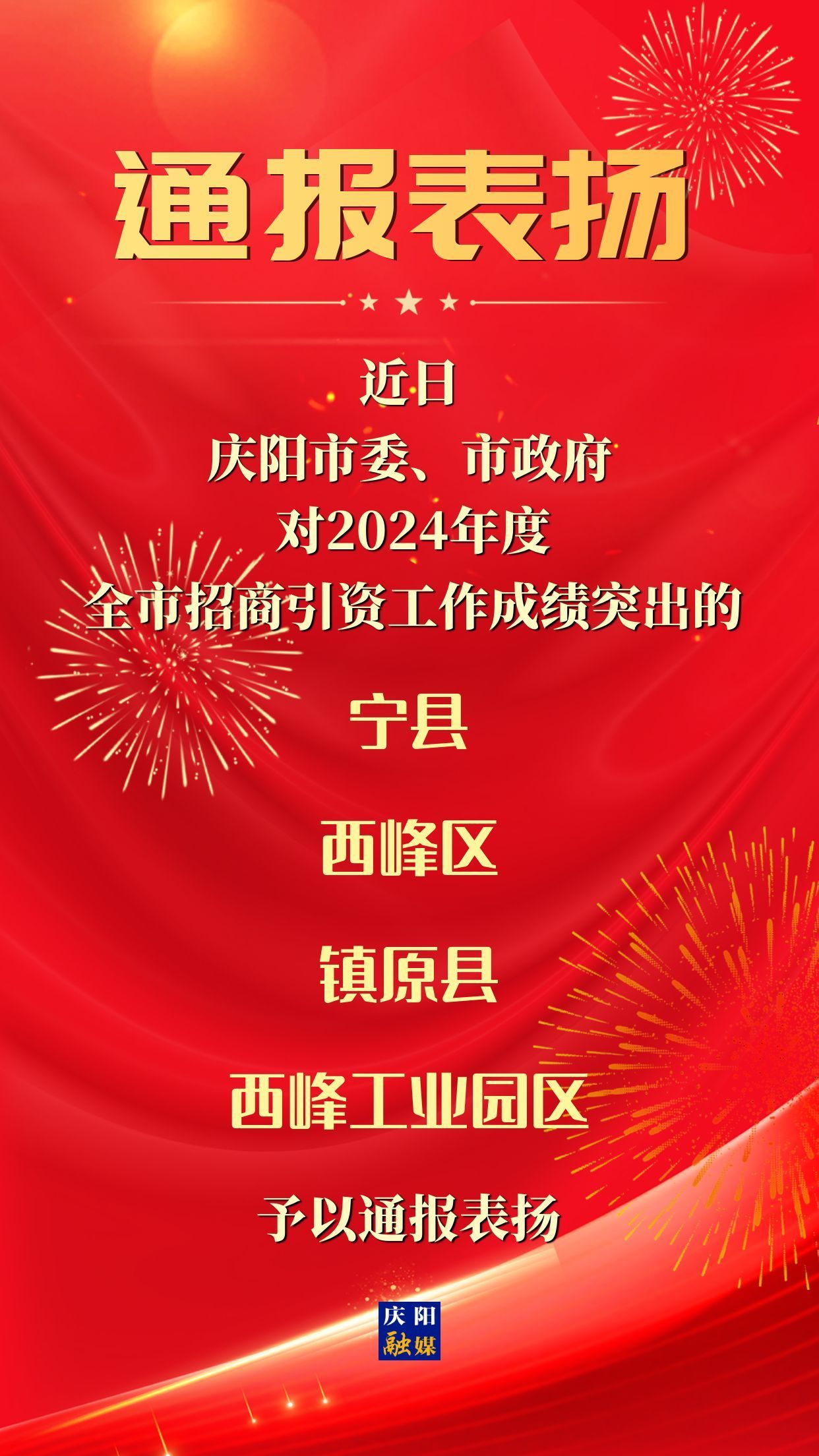 【海報】慶陽市通報表揚(yáng)2024年度全市招商引資工作成績突出單位