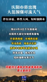 慶陽(yáng)市將出現(xiàn)大范圍強(qiáng)對(duì)流天氣，伴有冰雹、陣性大風(fēng)、短時(shí)強(qiáng)降水